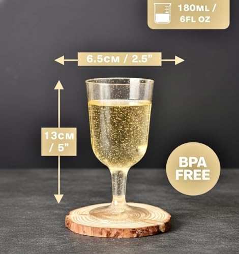 MATANA 50 Premium Plastic Wine Glasses with Gold Glitter (180ml) - Reusable Hard Plastic Wine Cups for Cocktails, Dessert, Large Parties, Weddings, Birthdays, Picnic