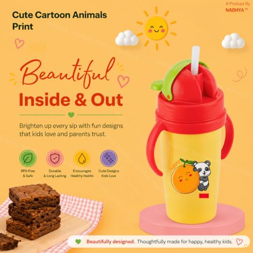 Image of Nabhya Inner Stainless Steel & Outer Plastic 360ml BPA-Free Cute Animal Design Baby Sipper Kids Water Bottle with Straw and Side Handle for Kids (Pink)
