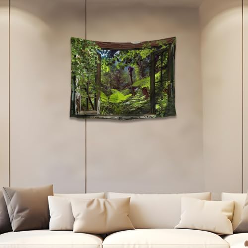 QGHOT Jungle Rainforest Window Tapestry, Botanical Outdoor Tapestry Wall Hanging Large Wall Mural for Bedroom Living Room Office Decor, 28.7" L x 37.4" W