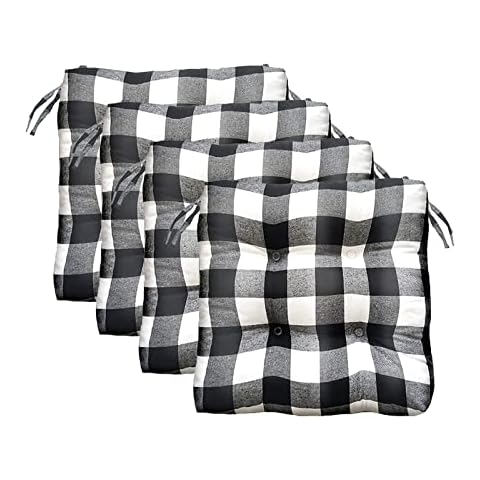 GAKYOUR Chair Pads Black and White Plaid Chair Cushions,Set of 4 Buffalo-Checked Chair Pads for DiningKitchen Chairs Seat Cushions for Outdoor Patio with Ties,17x16.5in Dining Chair Cushions,4 Pack Cover