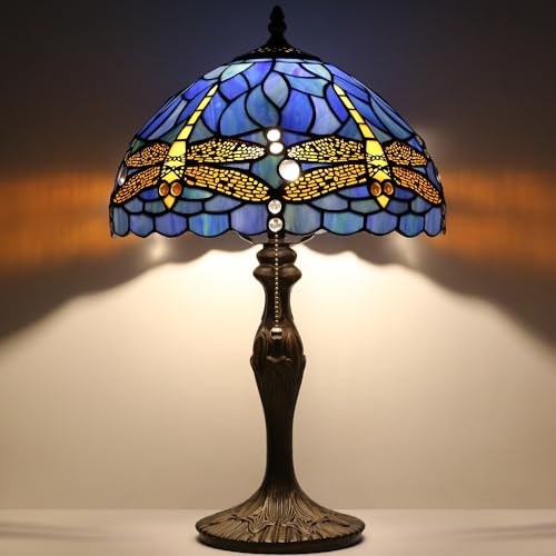 Image of Tiffany Table Lamp Stained Glass Reading Lamp Blue Dragonfly Style