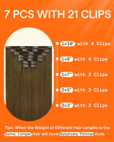 Image of Full Shine Human Hair Clip in Extensions | Light Brown Clip in Hair Extensions Human Hair, for Cheer, 20 Inch 7 Pcs 120g