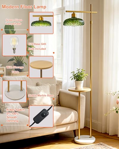 Image of Lightdot Glass Floor Lamp with Table, Gold Standing Lamp with Green Umbrella Glass Shade, Dimmable LED Floor Lamp with Marble Base for Living Room Bedroom, Bulb Included