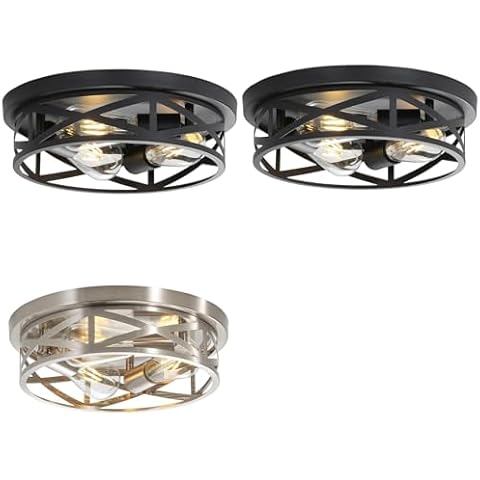 DOXVIEZE 3 Pack Close to Ceiling Lights, Modern Brushed Nickle and Black Flush Mount Ceiling Light Fixture, 13 Inch Modern E26 Base Metal Cage Indoor Kitchen Ceiling Lights Cover