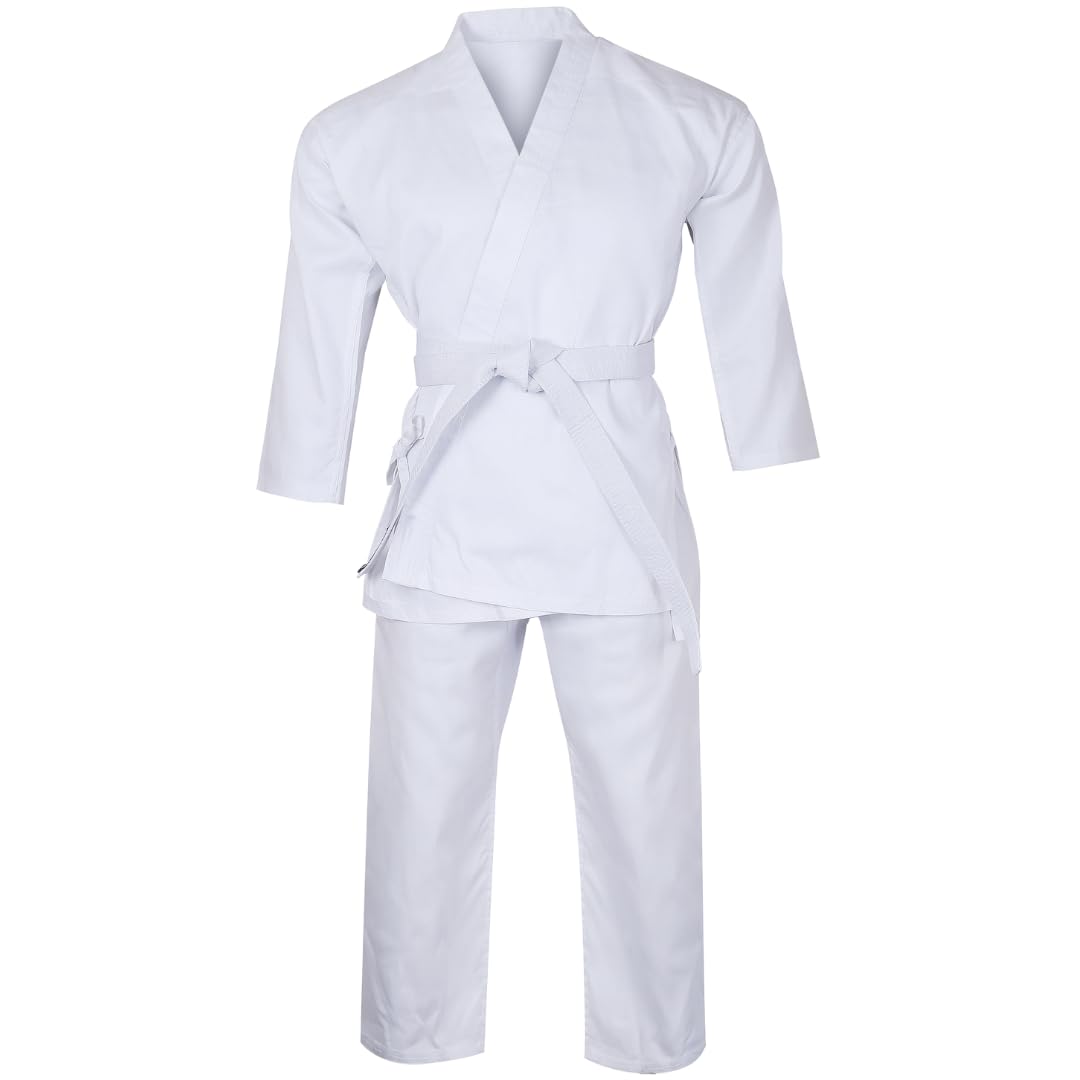 Lisaro Strój do karate biały dla dzieci i dorosłych – strój do sportów walki Karate Gi w zestawie spodnie z gumowym ściągaczem i paskiem – oddychający i wytrzymały – do treningu, Dojo, klubu i na