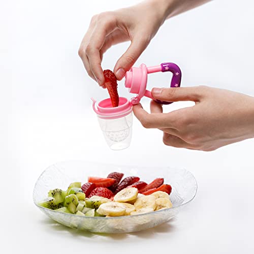 Gedebey Baby Fruit Feeder/Baby Food Feeder Pacifier - (3 Pack) 2 Pacifiers, 1 Silicone Spoon Squeeze Bottle Fresh Milk Frozen Infant Teething Toy Teether BPA Free Teeth Relief Toys Feeding (Pink) - Thumbnail 2