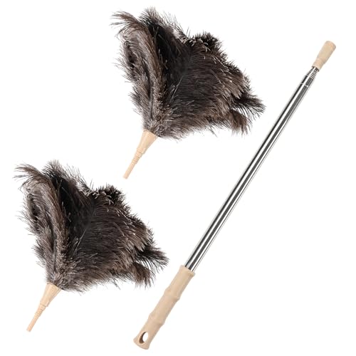 Image of Ostrich Feather Duster 27-94Inch Retractable Fluffy Natural Detachable Ostrich Feather Duster Used for Household Cleaning and High-Altitude Cleaning (2PCS)