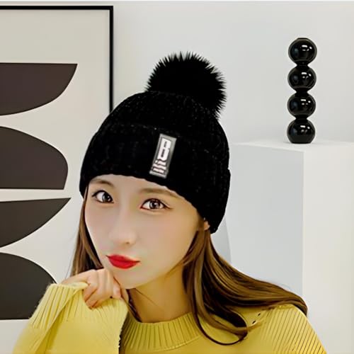 Image of SYGA Winter Beanie Hat for Women Warm Thick Cotton Lining Knit Bobble Pom Pom Skull Cap Fleece Lined Warm Cap Outdoor Sports Hat for Ladies Women Girl Free Size