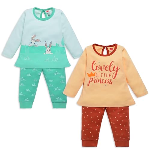Image of LuvLap Baby Girls 100% Cotton Full Sleeve Top & Pyjama Sets, Pack Of 02