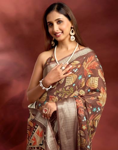 Image of SIRIL Women's Dola Silk Printed Jacquard Border Ready To Wear Saree with Unstitched Blouse Piece