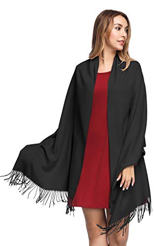 Pashmina Shawls and Wraps for Women - PoilTreeWing Solid Color Cashmere Scarfs(Black)