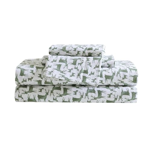 Image of Eddie Bauer - Flannel Sheets King Size, Anti-Pilling & Wrinkle Resistant Cotton, Touchably Soft for All-Season Comfort - Bed Sheets with Matching Pillowcases & Fitted Sheet (Deer Camp Green)