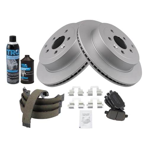 Image of TRQ Rear Brake Pad & Rotor Kit, with Chemical Kit Parking Brake Shoe Set Ceramic Premium G-Coated Compatible with 2008-2012 Land Rover LR2