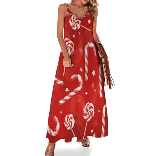 Womens Long Dress Spaghetti Strap Sleeveless Stretchy Christmas Candy Canes Lollipops Pattern Dress for Daily Wear L