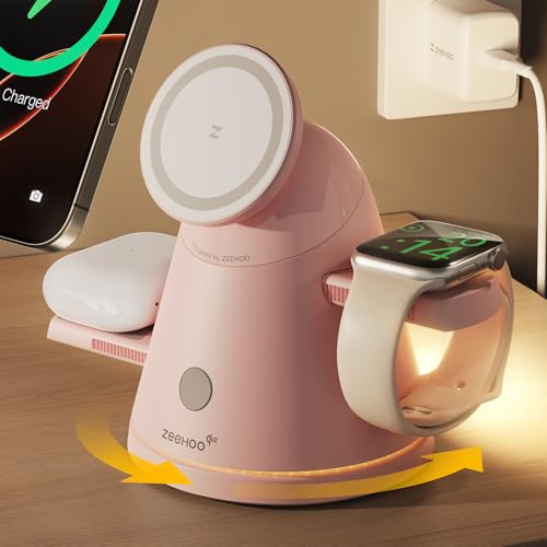 ZEEHOO 3 in 1 Charging Station for Apple Devices,Qi2 Mag-Safe Charger Stand&Light,Fast Wireless Charging Station for iPhone 17/16/15/14/13/12&AirPods&iWatch &Pixel 10&Samsung Galaxy Watch,30