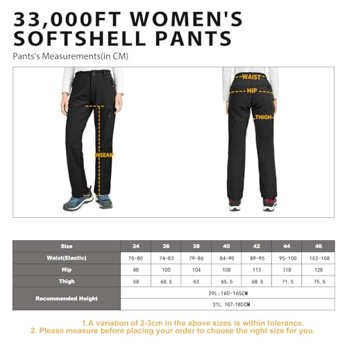 33,000ft Outdoorhose Damen Wanderhose Wasserdicht Softshellhose Winter Ski Hosen Warm Gefüttert Arbeitshose Snowboardhose Winddicht Trekkinghose Schwarz 38/31L