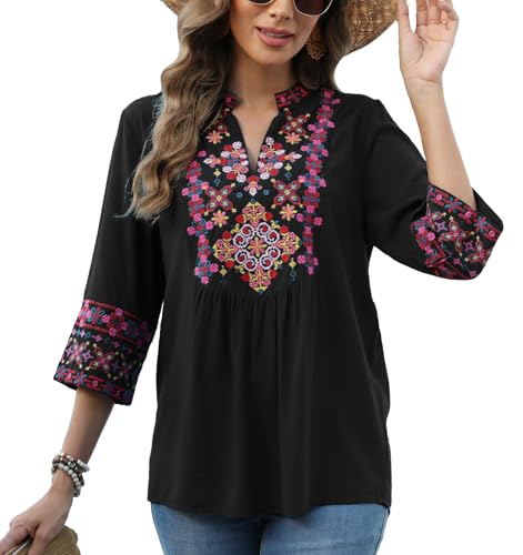 Higustar Mexican Embroidered Tops Boho 3/4 Sleeve Shirts Floral Peasant Tunic Bohemian Fiesta Blouses Clothes for Women