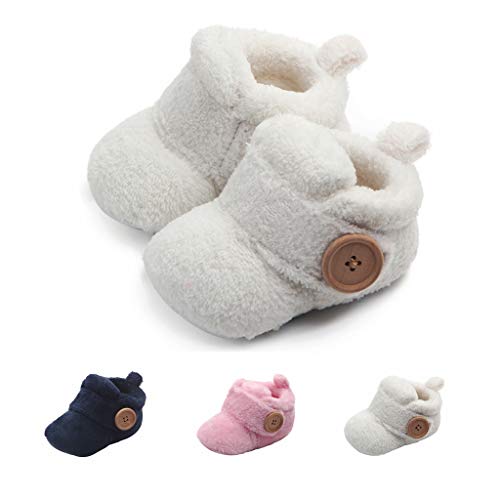 Button Cozy Fleece Slippers for Infant Baby Boys Girls House Booties Winter Warm Socks First Walkers Shoes (9-12 Months Infant, White)