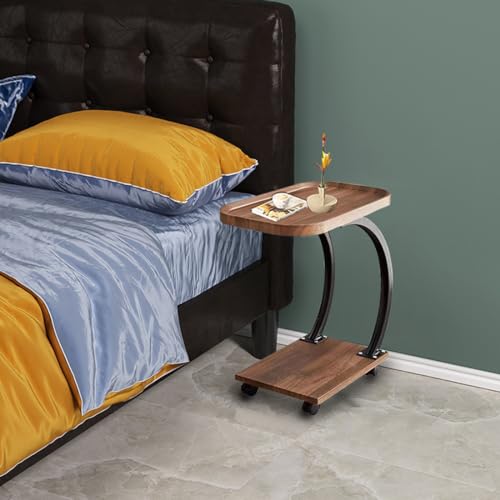 C Shaped Side Table with Wheels, Modern C Table End Table for Sofa and Bed, Small Couch Tables That Slide Under, Wooden C Shaped End Table for Couch, Coffee C Table for Small Space(Walnut)(With Scratch; See The Pictures)