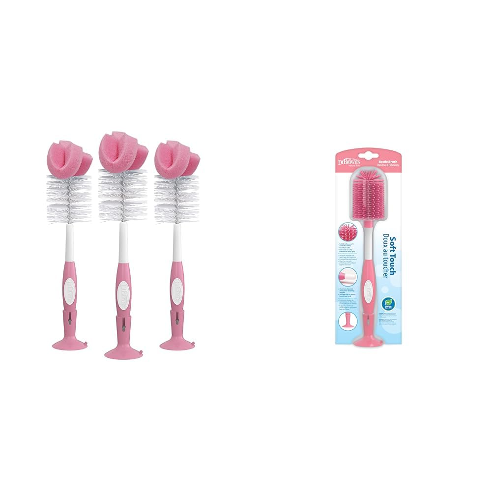 Dr. Brown's Reusable Sponge Baby Bottle Cleaning Brush, Pink, 3 Pack + Soft Touch No Scratch Baby Bottle Cleaning Brush, Pink, 1-Pack
