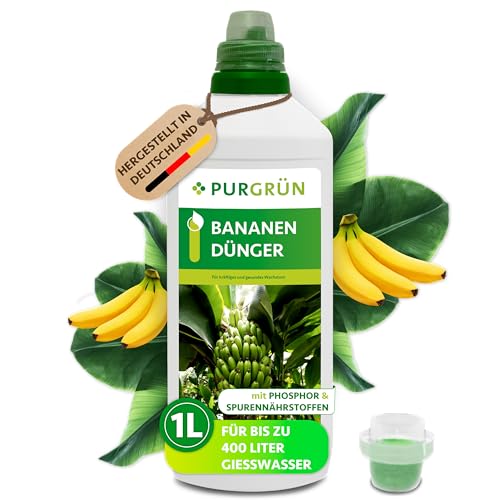 Purgrün® Bananen-Dünger 1 Liter – Extra Stickstoff für schnelles Wachstum – Spurennährstoffe für intensive Blattfärbung – Ergiebiges Konzentrat für bis zu 400 Liter Gießwasser – Profi-Flüssigdünger