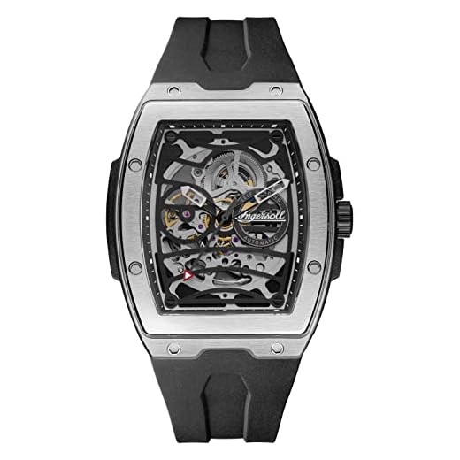 Ingersoll 1892 The Challenger Herren-Automatikuhr, 45 mm, mit schwarzem/silbernem Zifferblatt und schwarzem PU-Kunststoffarmband I12301