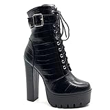  Angkorly - Zapatillas Moda Botas Botines Botas Militares Biker - Moto Glam Rock Mujer Estampado Animal Tanga Tacón Ancho Alto 13.5 CM - Negro 7 708-28 T 38