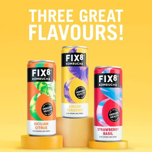 Fix8 Kombucha Drink | Live Cultures | Rich in Beneficial Probiotics | Boosts Immune System | Low Calories | Vitamin B&C | Vegan & Gluten Free | Recyclable & Sustainable | 12x250ml (Ginger Turmeric)