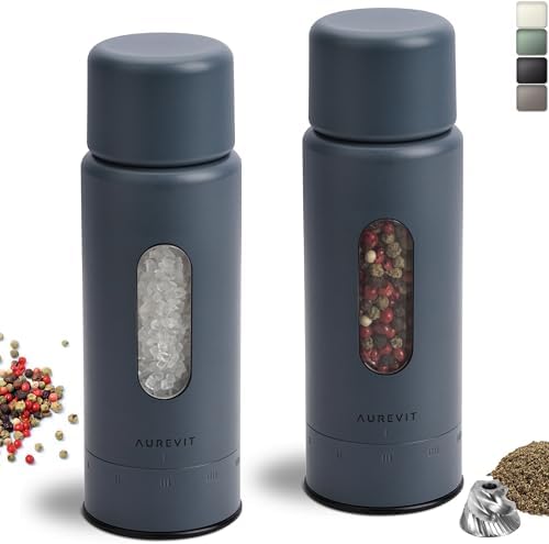 Aurevit Salt and Pepper Grinder Set Manual, Salt and Pepper Mill with Ceramic/Stainless Steel Core, External Adjustable Coarseness, Refillable, Durable (2 Packs, Blue-Grey)