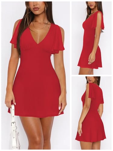 Image of MIYIEONZ Women's Sexy Deep V-Neck Ruffle Sleeve Mini Dresses Summer Casual Bodycon Beach Cocktail Party Club Short Dress