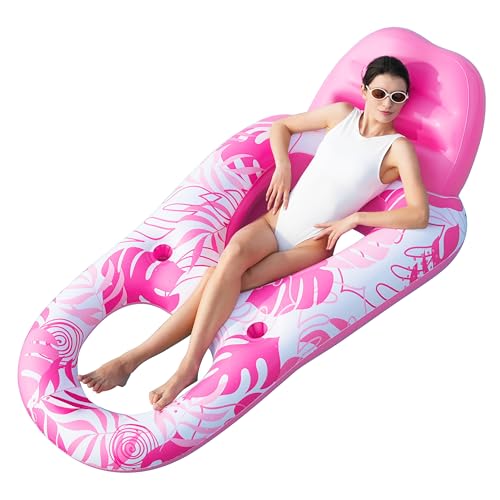 SLOOSH Pool Lounge Float Adult, Inflatable Pool Floats Lounger Raft Floaties Water Floating Recliner Chair with Cup Holders Foot Rest Swimming Floaty, Pink