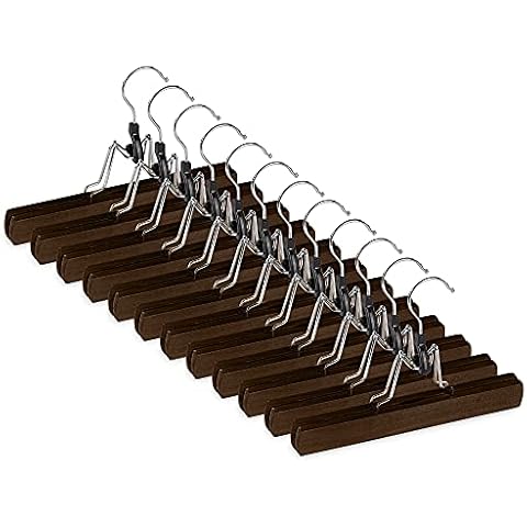 bomoe Set of 12 Trouser Hangers Ole Wooden Hanger - Tensioner Men's Trouser Hanger Wooden Clamp with Non-slip Felt Inlay , FSC® Certified 360° Rotatable Hook Brown Cover
