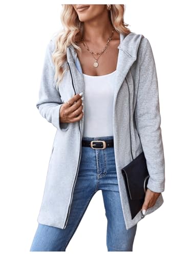 MakeMeChic Women's Long Sleeve Hooded Coat Zip Up Thigh Length Outerwear with Pocket