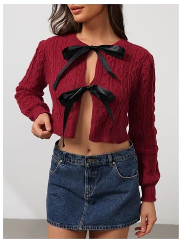 Image of MakeMeChic Women's Bow Knot Cardigan Sweater Cable Knit Tie Front Crop Tops
