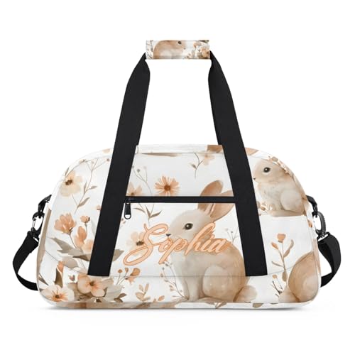 Personalized Name Duffle-Bag for Girls Boys,Custom Sports Gym Baseball Bag,Cute Carry-on Lightweight for Travel Outdoor Rabbits Flowers