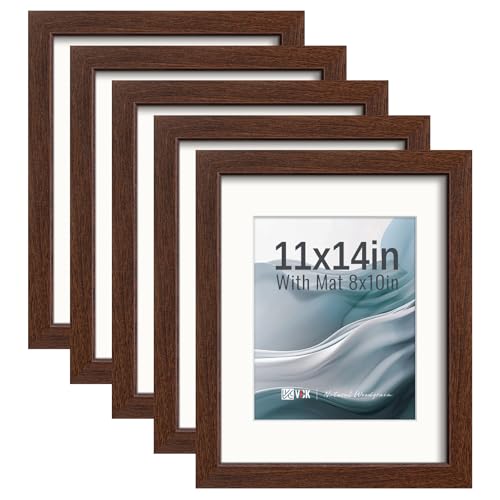 Image of VCK 11x14 Picture Frame 5 Pack, Brown Exclusive Wood, HD Glass, for Photo