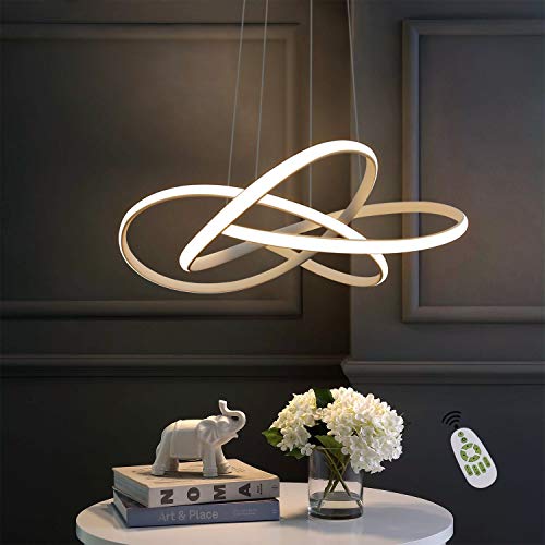 ZMH Lámpara colgante LED para mesa de comedor en color blanco Ø62 CM anillos candelabro salón 68W regulable con mando a distancia regulable en altura iluminación interior restaurante dormitorio