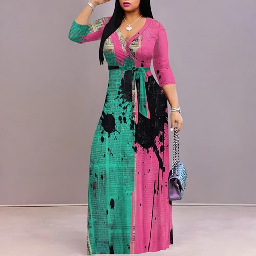 Image of PinkPatty Women's Print Maxi Dresses 3 /4 Sleeve Flowy Long Dress V Neck Wrap Tie Waist Sundress