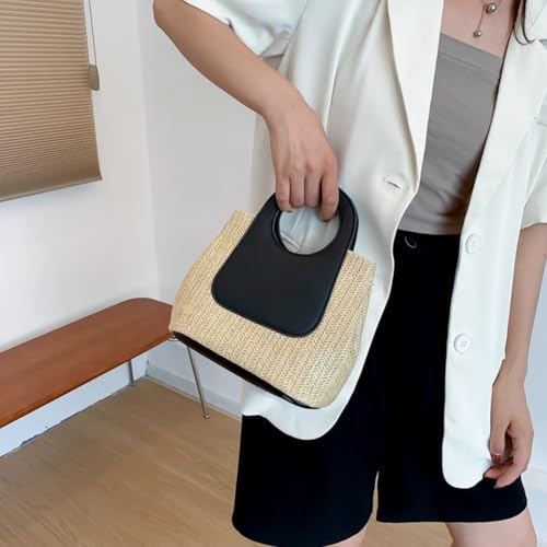 Bolso tote retro de paja para mujer, bolso de mano tejido con bloques de color, bolso grande con asas superiores y bandolera para primavera y verano miniatura 4