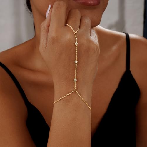 Gold Hand Chain Bracelet for Women Trendy, Dainty 14k Gold Ring Bracelet Hand Chain Finger Ring Slave Cuff Bracelet Cubic Zircon Gold Bracelets Jewelry Accessories for Women4