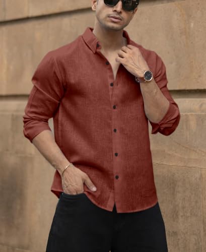 Image of NexaFlair Men's Shirt Regular Fit Solid Pattern Linen Cotton with Long Sleeve Collared Neck Standard Length and Button Down Closure Type | Mens Casual Shirts | Man's Formal Shirts