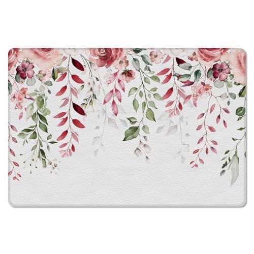 Valentine's Day Kitchen Bath Door Mat Cushioned Runner Rug,Washable Welcome Floor Sink Antifatigue Mat,Waterproof & Non-Slip Comfort Standing Doormat,Spring Romantic Rose Flower Leaves 18