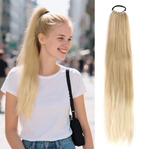 Ponytail Extensions Haarteile 60 cm, Pferdeschwanz Zopf Extension Kachi Beige Farbverläufe, Aussehen Natürlich Pferdeschwanz Haarteil für Damen und Mädchen Haarverlängerung Zopf