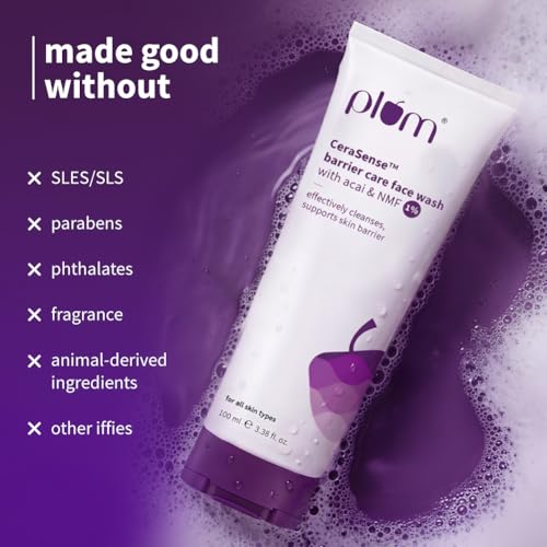 Image of Plum CeraSenseTM Barrier Care Face Wash with Acai & 1% NMF | 100ml | Gentle face wash | For Dry Skin, Normal Skin & Sensitive Skin | Soap-Free Paraben-Free | For Sensitive Skin