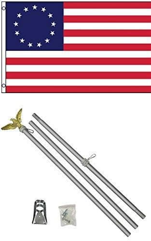 AES Bandera de Betsy Ross de 3 x 5 con mástil de bandera de aluminio de 6 pies, kit de asta de bandera de águila de alta calidad, color vivo y