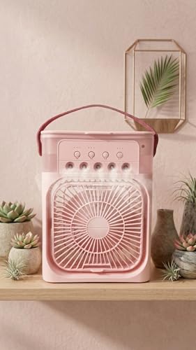 Image of Portable Mini Air Cooler Fan, Pink, 3 Wind Speeds, 3 Spray Modes, 7 Colour LED Light, 1 /2 /3 Hour Timer, for Home, Office and Travel