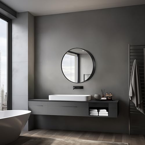 Talos Spiegelschrank mit austauschbarer Beleuchtung Black Nova Ø60 cm schwarz - Spiegelschrank Bad mit 2 Ablageflächen - Aluminium - Rückwand verspiegelt