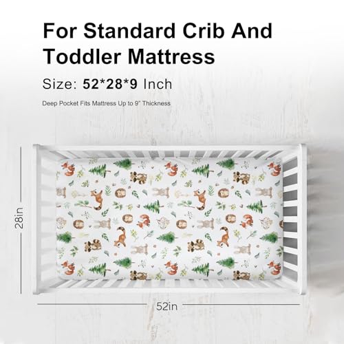 Image of Watercolor Animals Baby Crib Sheet for Boy Girl 52 inchx28 inch Raccoon Hedgehog Squirrel Fox Bunny Bird Forest Soft Breathable Stretchy Baby Bed Sheets for Standard Crib and Toddler Mattress