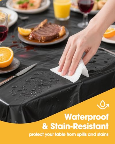 Image of Niuara Black Plastic Table Cloth - 4 Pack 54 inch x 108 inch Rectangle Disposable Tablecloths for 6FT Tables, Table Cover for Party, Holiday & Gathering Use