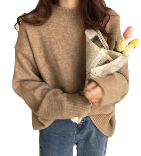 [JudyRose] ニット セーター レディース トップス 長袖 クルーネック ゆったり シンプル 柔らかい 暖かい (カーキ)（Amazon）